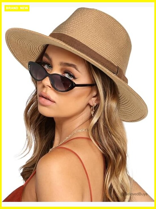 Wide Brim Straw Panama Fedora Hat UPF 80 Sun Protection Summer Beach main image 3